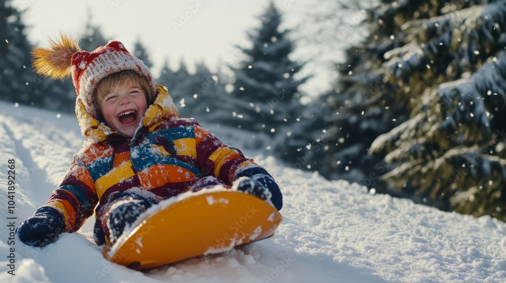 Joyful Child Sledding Down a Snowy Hill in a Colorful Winter Outfit Joyful Child Sledding Down a Snowy Hill in a Colorful Winter Outfit