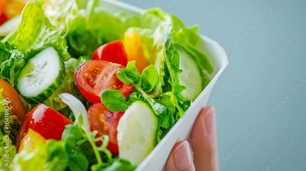 Fresh Gourmet Salad Served from Takeout Container with Vibrant Colors and Fresh Ingredients Close-Up View. Fresh Gourmet Salad Served from Takeout Container with Vibrant Colors and Fresh Ingredients Close-Up View.