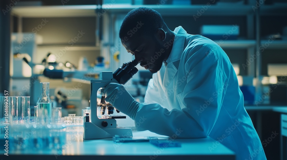Dedicated researcher examines microscope slide in blue lit laboratory, surrounded by scientific equipment during late night experiment Dedicated researcher examines microscope slide in blue lit laboratory, surrounded by scientific equipment during late night experiment