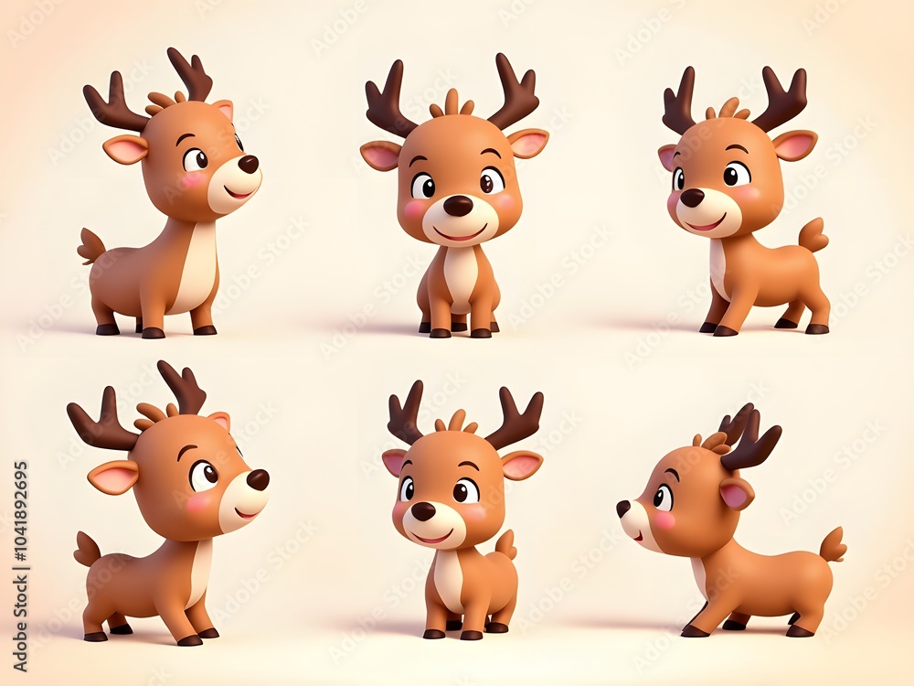 Fototapeta premium Adorable 3D Reindeer: Six charming poses, cute and joyful!