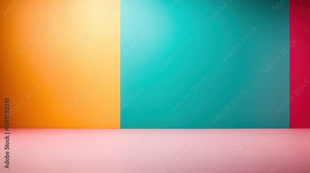 Fototapeta premium A brightly colored wall featuring sections of orange, teal, and red hues creating a striking abstract design, emphasizing vibrant contrast and modern aesthetic elements.
