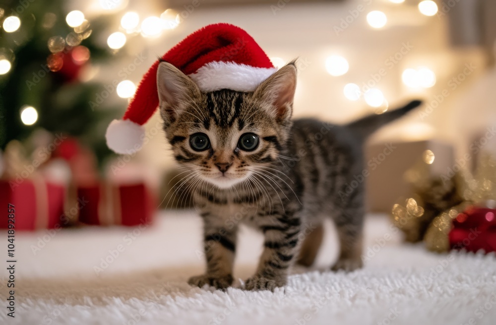 Cute Kitten in Santa Hat with Brown Stripes, Standing on White Carpet with Blurred Lights Background Cute Kitten in Santa Hat with Brown Stripes, Standing on White Carpet with Blurred Lights Background