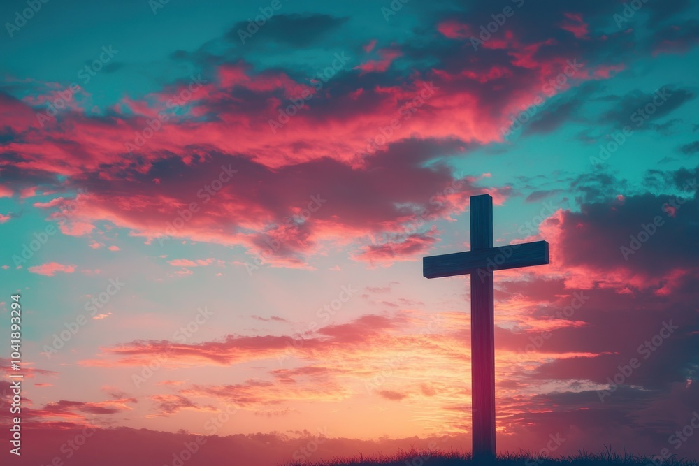 Colorful Sunset with Cross Silhouette in Sky Colorful Sunset with Cross Silhouette in Sky