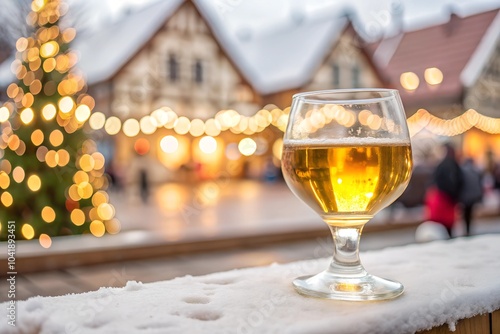 A glass of mead resting on a snowy surface with a Christmas tree and festive bokeh lights in the background. Ideal for capturing the warmth and joy of holiday drinks during winter celebrations. photo