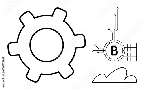 Large gear next to a Bitcoin symbol with a circuit and a cloud shape. Ideal for blockchain, cryptocurrency, technology, industry, innovation. Simple line style