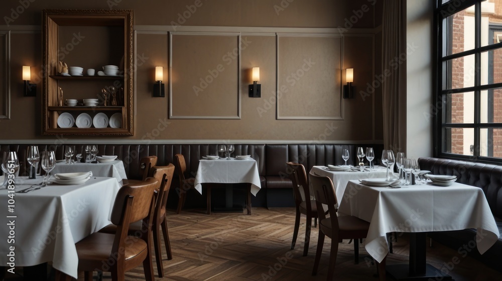 A modern restaurant interior with white tablecloths, brown leather booths, and a large window. A modern restaurant interior with white tablecloths, brown leather booths, and a large window.