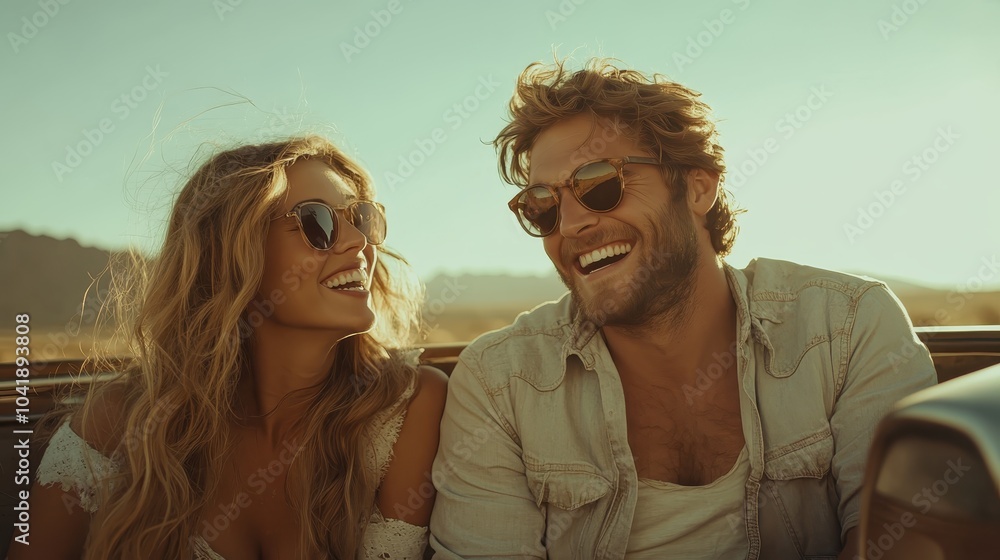 A couple, both wearing sunglasses, relish a ride in a convertible under the sun, exuding freedom, spontaneity, and the joy of carefree summer travel together. A couple, both wearing sunglasses, relish a ride in a convertible under the sun, exuding freedom, spontaneity, and the joy of carefree summer travel together.