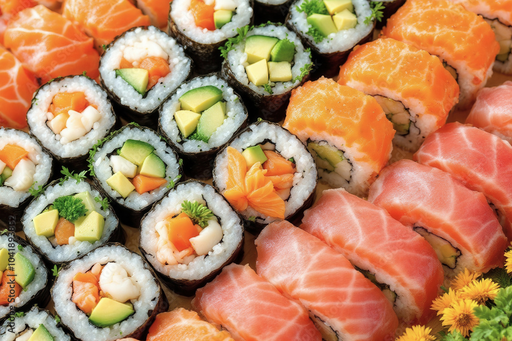 A close-up, top-down view of a variety of delicious, fresh sushi rolls.