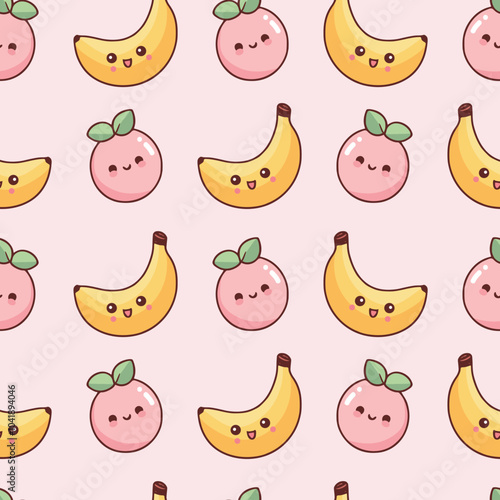Cute elegant seamless pattern with fruits on baby pink background. Different kinds of fruits such as peaches and babanas with friendly smiley faces