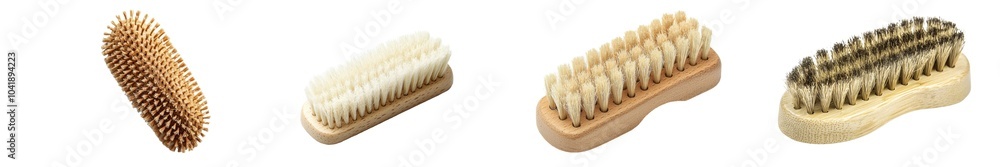 Isolated objects: white background and wooden handle of a clothes brush for cleaning or caring Isolated objects: white background and wooden handle of a clothes brush for cleaning or caring