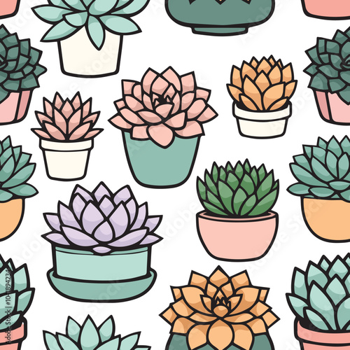 Cute elegant seamless pattern with big succulents on baby pink background. Different species of succulent planted in pots
