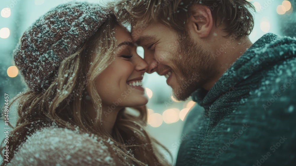 A joyful couple embracing each other closely amidst a beautiful snowy backdrop, capturing the warmth and love between them during a serene winter day. A joyful couple embracing each other closely amidst a beautiful snowy backdrop, capturing the warmth and love between them during a serene winter day.