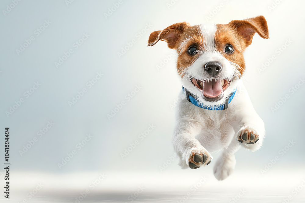 Joyful puppy leaping with excitement against a soft background capturing the essence of playful canine energy Joyful puppy leaping with excitement against a soft background capturing the essence of playful canine energy