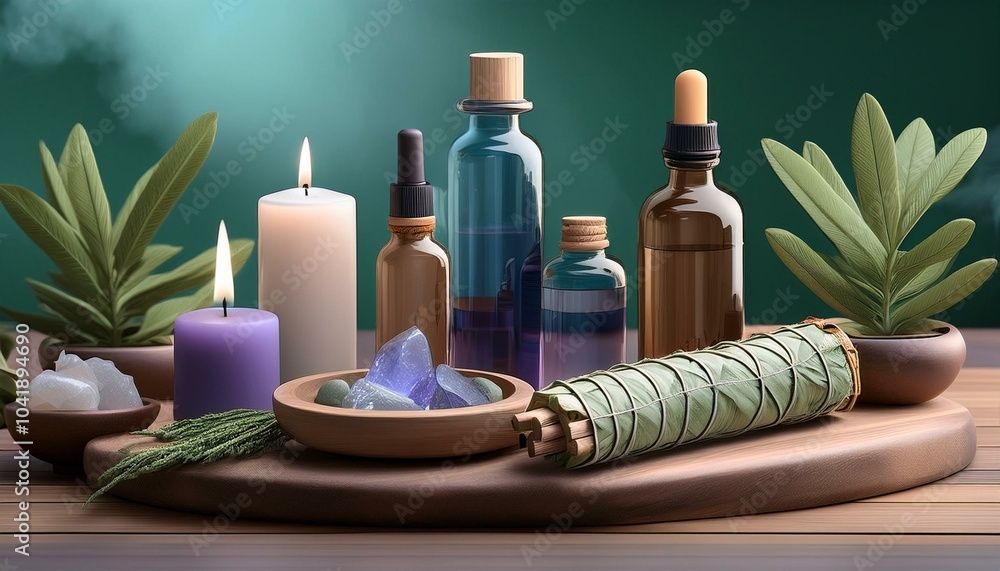 Natural treatment with sage Essential oils and crystals, holistic health care.