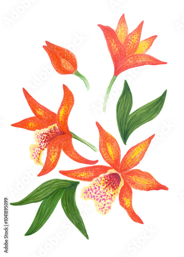 Branch with orange orchid flowers Cattleya, colorful hand-drawn sketch with markers, felt-tip pens for design of postcards, posters, surfaces, clipart, scrapbooking.