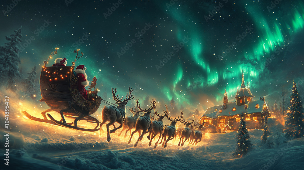 Fototapeta premium Santa's sleigh taking off from the North Pole, pulled by reindeer with detailed harnesses and fur, beneath the Northern Lights, with Santa's workshop below