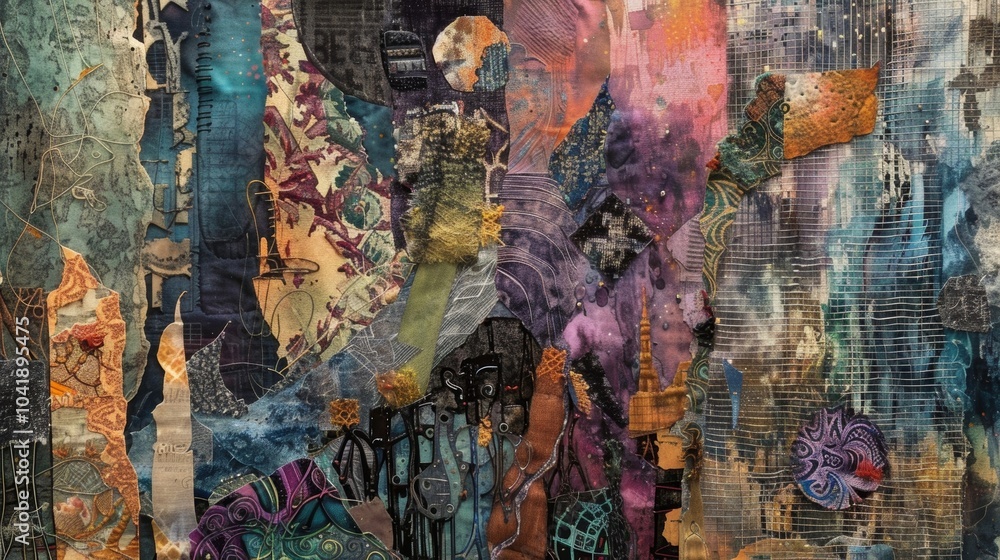 A mixed media collage featuring a variety of fabrics and textures each one representing a different aspect of the mysterious and elusive world of quantum mechanics. A mixed media collage featuring a variety of fabrics and textures each one representing a different aspect of the mysterious and elusive world of quantum mechanics.