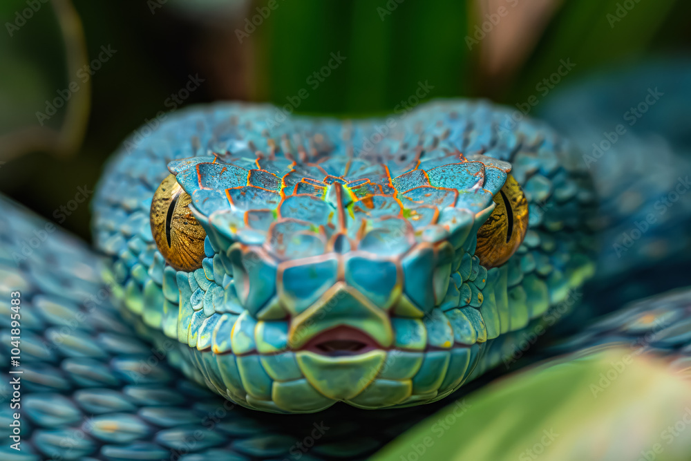 Fototapeta premium Blue snake with yellow eyes is shown in a green leaf. The snake's eyes are large and prominent, drawing attention to its face. Scene is one of curiosity and intrigue