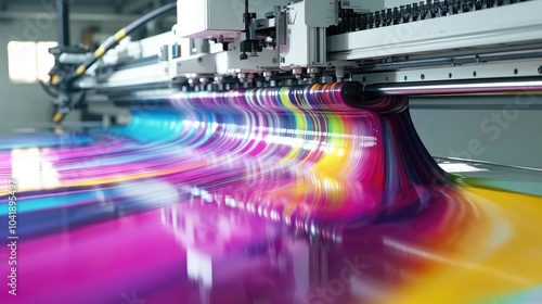 Large-format industrial inkjet printer at full speed, producing vibrant colorful designs on a glossy surface in a modern production space.