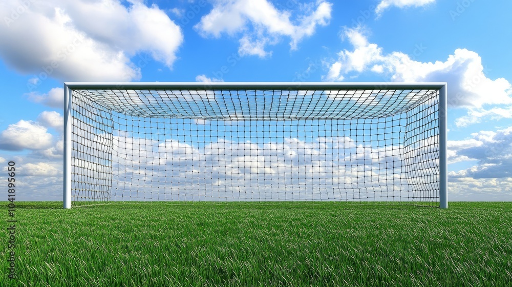 Fototapeta premium A soccer goal stands on a green field, with the open sky and fresh grass creating a calm and serene setting for the next game. --chaos