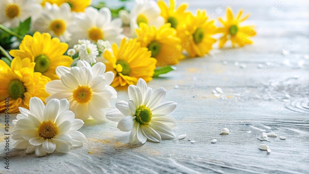 Obraz premium Yellow and white flowers on a white textured surface painted floor low angle