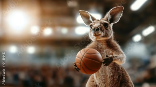 A lively kangaroo energetically bounces a basketball on a court, a playful expression on its face surrounded by the blurred buzz of a busy gymnasium. photo