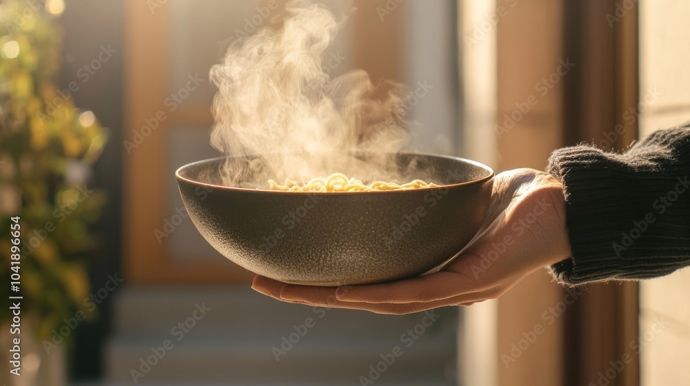 Delightful Ramen Delivery: Cozy Neighborhood, Happy Customer Receiving Steaming Bowl from Delivery Person at Doorstep Delightful Ramen Delivery: Cozy Neighborhood, Happy Customer Receiving Steaming Bowl from Delivery Person at Doorstep