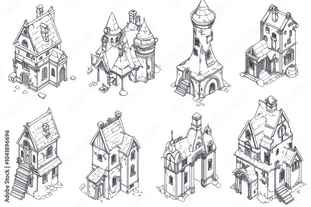 Fototapeta premium Outline fantasy buildings, simple isometric symbols pack for Wonderdraft, black and white line art, plain white background