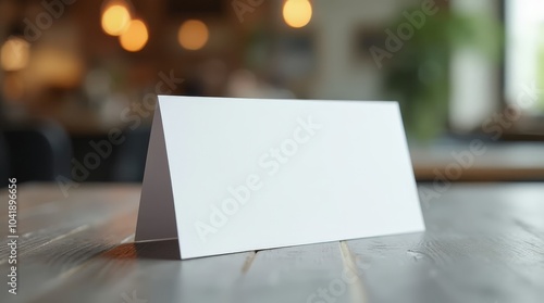 blank white card tent on a rustic wooden table photo