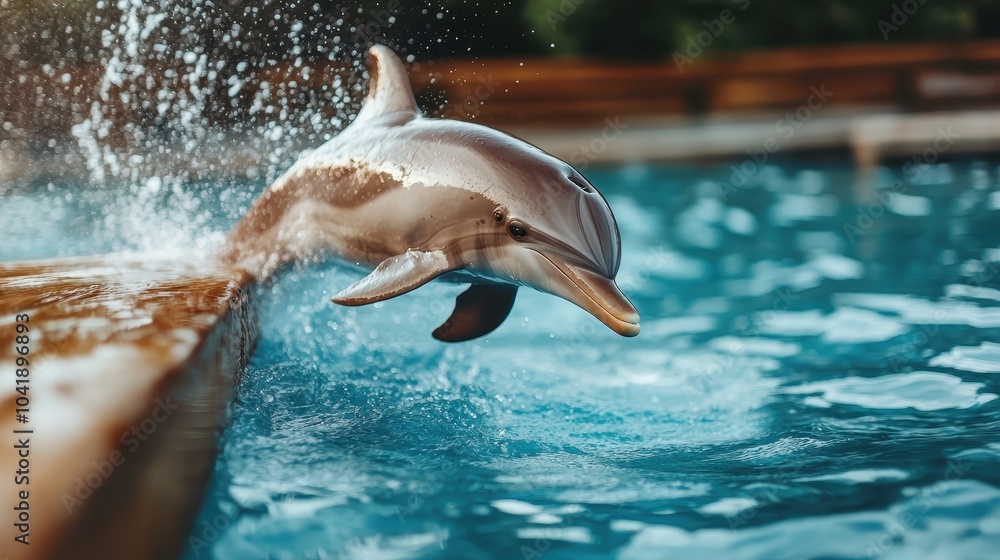 Obraz premium An exuberant dolphin bursts out of the water with vigorous elegance, captivating with its acrobatic leap and creating a dynamic display of marine life delight.