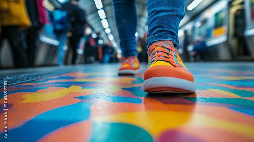 Fototapeta premium Close-up of a person's feet in bright orange sneakers walking on colorful subway floor.
