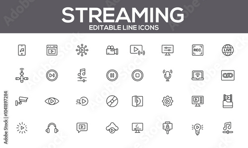 Streaming Editable Line Icons Set - Media and Video Production Icons