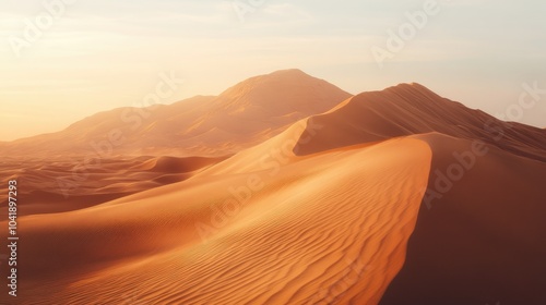 Mesmerizing desert sand dunes at golden hour, with intricate textures and patterns in warm monochromatic tones, emphasizing natural beauty.