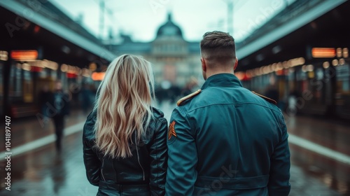 A man in a uniform and a woman in a leather jacket are seen from behind, standing in a bustling urban train station with blurred lights in the background.