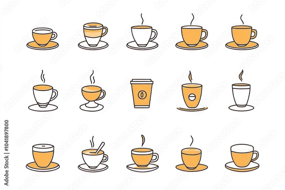 Outline icon set of coffee, black line, with brond highlight, minimal, white background, ui, Ux design, app, clean fresh design, flat design, interest, dribbble, center the composition, hyper detail Outline icon set of coffee, black line, with brond highlight, minimal, white background, ui, Ux design, app, clean fresh design, flat design, interest, dribbble, center the composition, hyper detail