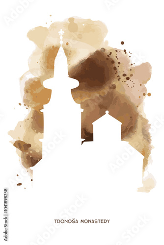 Tronoša Monastery silhouette on watercolor background isolated