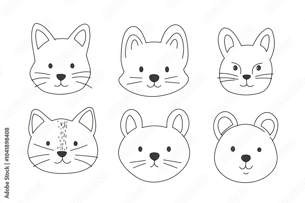 Outline of animal faces including a cat, dog, rabbit, bear, fox, and horse, each face separated and not touching, designed in a child-friendly style. Outline of animal faces including a cat, dog, rabbit, bear, fox, and horse, each face separated and not touching, designed in a child-friendly style.