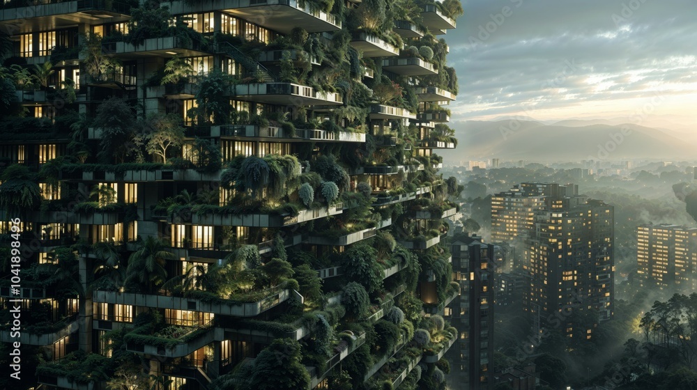 Obraz premium A tall building with many windows is surrounded by trees