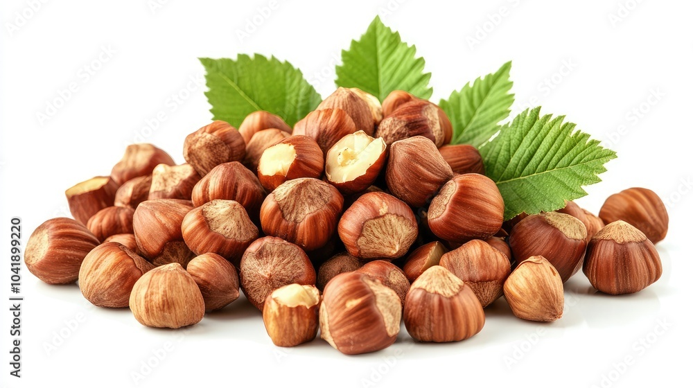 Natural pile of hazelnuts paired with green leaves, arranged on a clean white background for a fresh, earthy composition Natural pile of hazelnuts paired with green leaves, arranged on a clean white background for a fresh, earthy composition