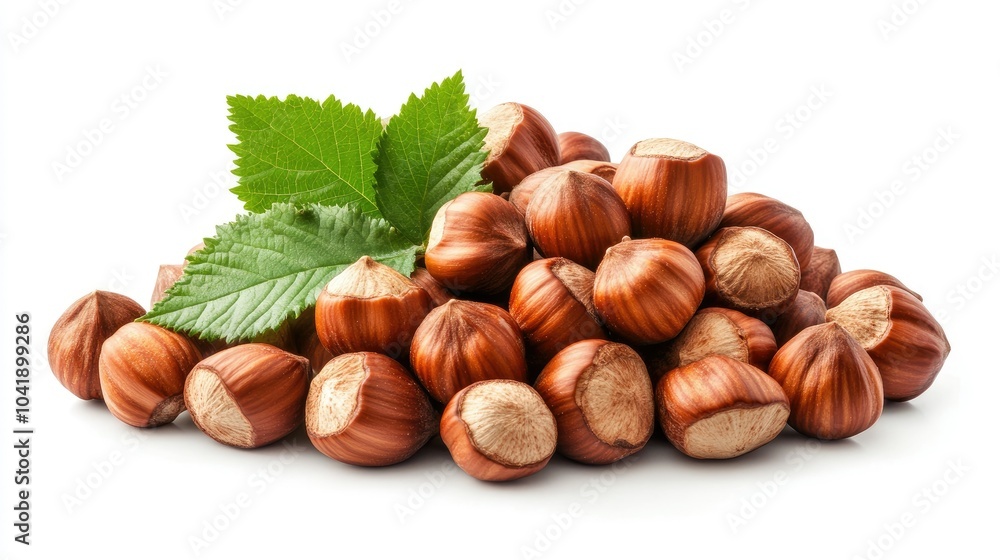 Natural pile of hazelnuts paired with green leaves, arranged on a clean white background for a fresh, earthy composition Natural pile of hazelnuts paired with green leaves, arranged on a clean white background for a fresh, earthy composition