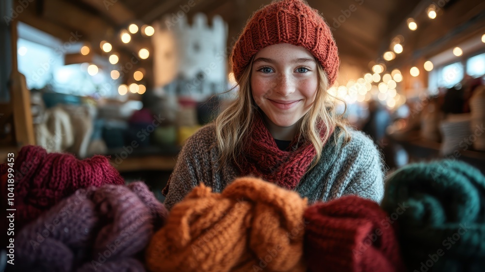 A smiling vendor showcasing a variety of handmade knitted winter hats and scarves at a bustling festive market, surrounded by warm lights and cheerful ambiance. A smiling vendor showcasing a variety of handmade knitted winter hats and scarves at a bustling festive market, surrounded by warm lights and cheerful ambiance.