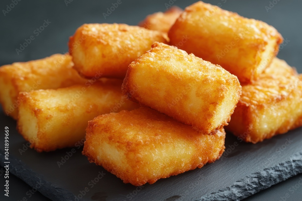 Crispy Golden Fried Potato Snacks on Dark Slate Crispy Golden Fried Potato Snacks on Dark Slate