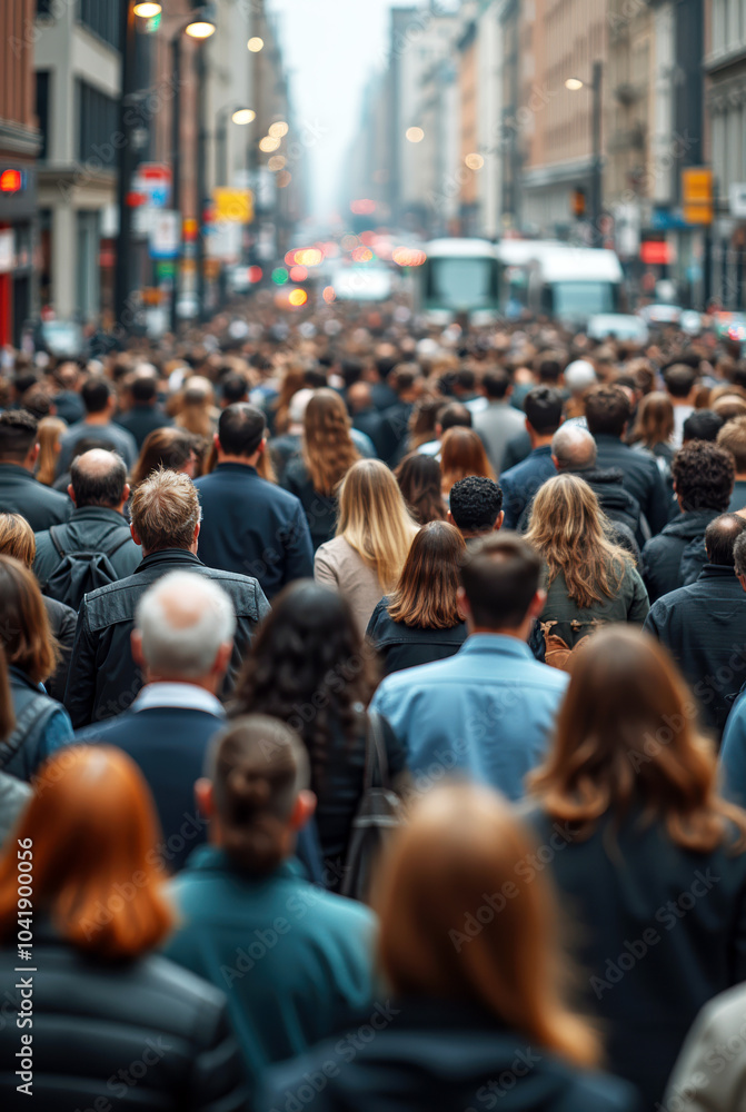 Rear View of a Large Group of Urban Commuters Walking Through City Streets with Buildings in Background Rear View of a Large Group of Urban Commuters Walking Through City Streets with Buildings in Background