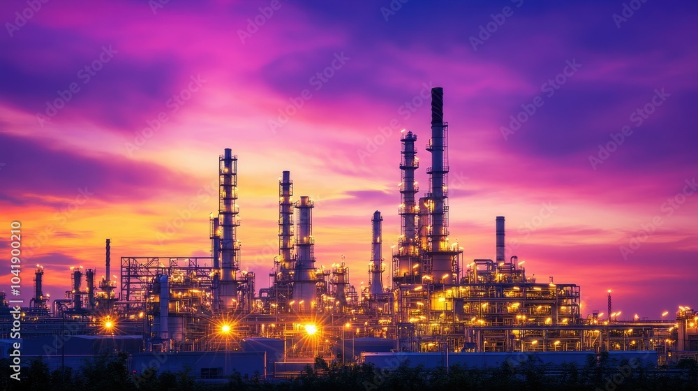 Oil refinery at dusk, bathed in warm golden lights, with the deep purple sky above creating a dynamic industrial landscape. Oil refinery at dusk, bathed in warm golden lights, with the deep purple sky above creating a dynamic industrial landscape.