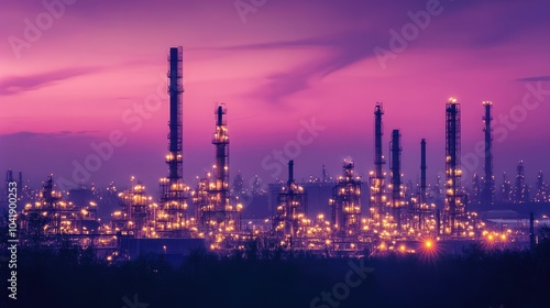 Oil refinery at dusk, glowing with golden lights against a deep purple sky, creating an atmospheric industrial landscape.