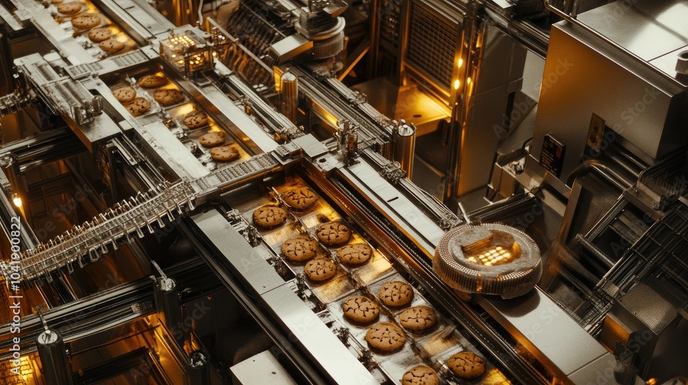 Overhead view of an automated cookie production line, with multiple conveyor belts and gleaming stainless steel machinery operating in a well-organized, high-tech bakery. Overhead view of an automated cookie production line, with multiple conveyor belts and gleaming stainless steel machinery operating in a well-organized, high-tech bakery.