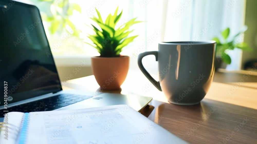 Cozy Home Workspace with Laptop, Coffee Mug, and Plant by the Window Cozy Home Workspace with Laptop, Coffee Mug, and Plant by the Window