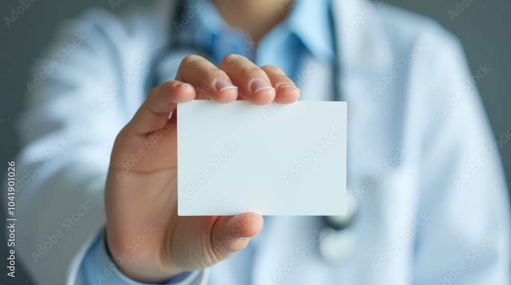 medical professional in a white lab coat holds a blank business card medical professional in a white lab coat holds a blank business card