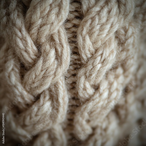 Close-up of beige knitted wool texture showcasing intricate cable knit pattern.