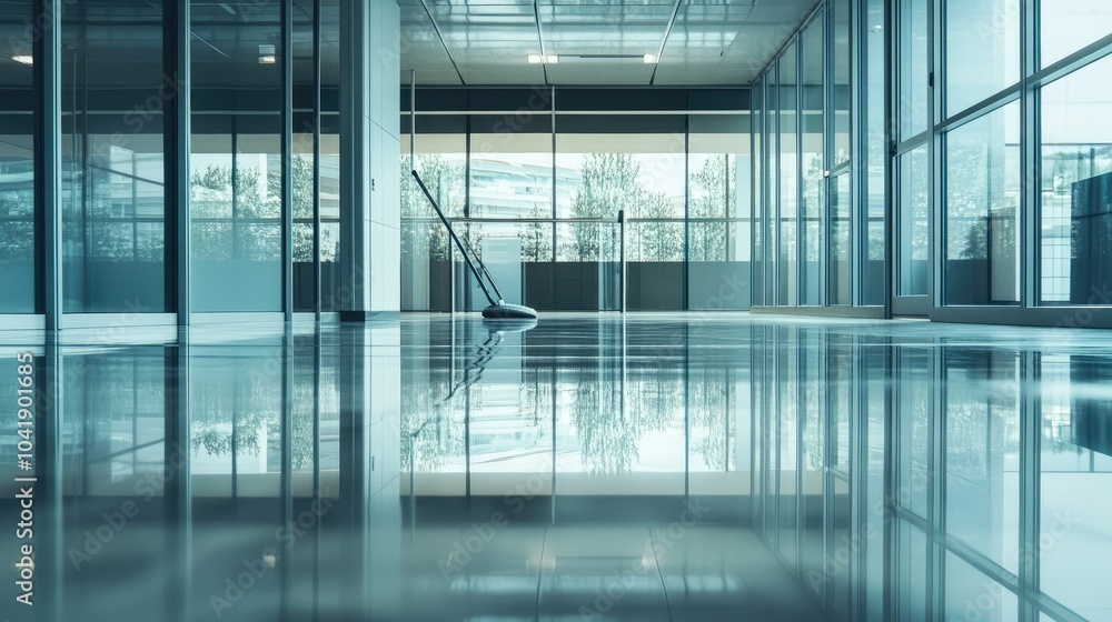 Polished office floor gleaming with reflections as an industrial mop head sweeps across the surface, ensuring a pristine shine. Polished office floor gleaming with reflections as an industrial mop head sweeps across the surface, ensuring a pristine shine.